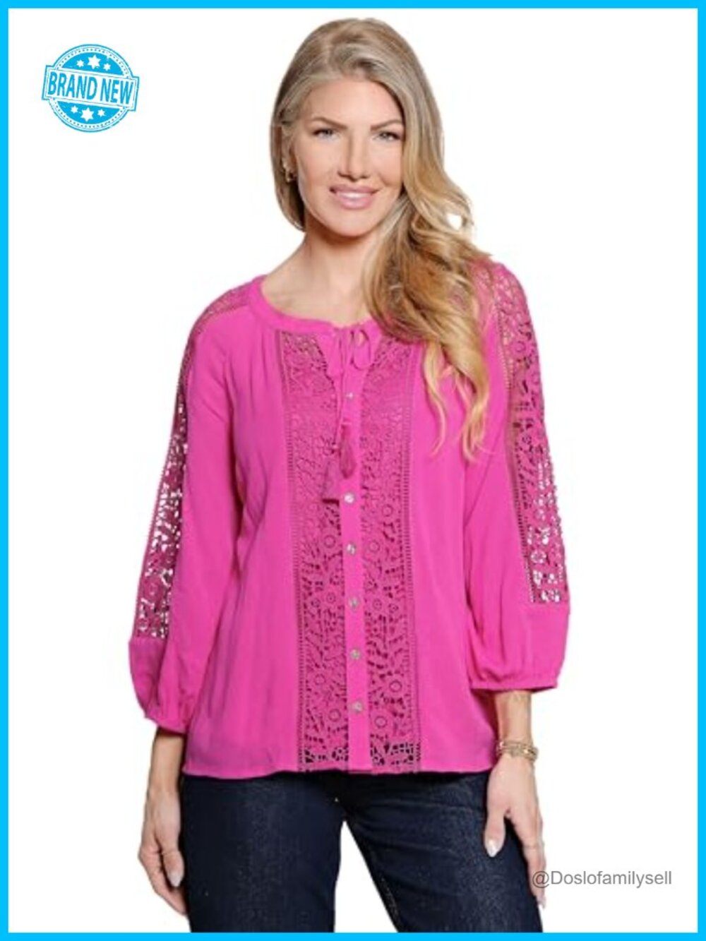 Woven Button Front Blouse Lace Insets 3/4 Sleeve Scoop Neck Tunic